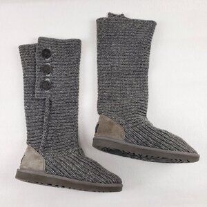Ugg Cardy Knit Tall Boot Womens 8 Gray Pull On Button Up Sweater Winter Cozy